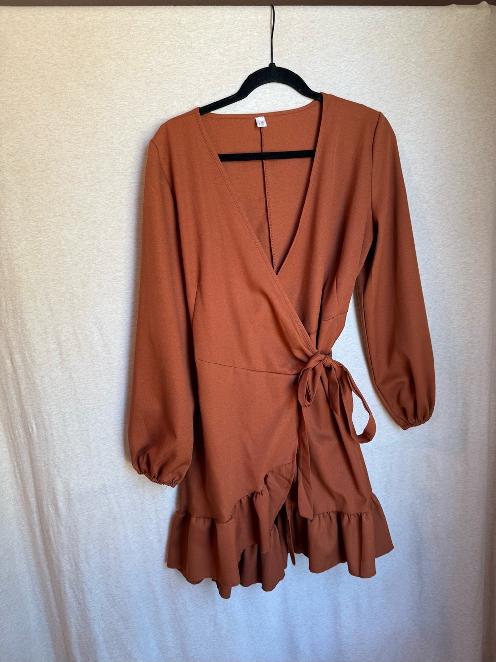 Wrap-Front Rust Orange Mini Dress with Ruffle Hem